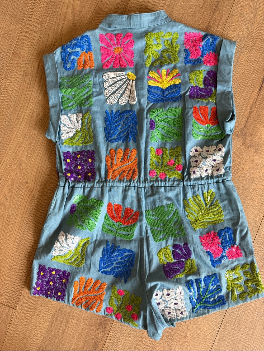 NWT Embroidered Floral Denim Romper - Multicolor Flowers - Picture 2 of 4